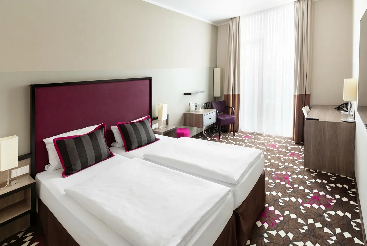 Bright double room with two single beds, dark wood furniture, desk, seating area and patterned carpet.