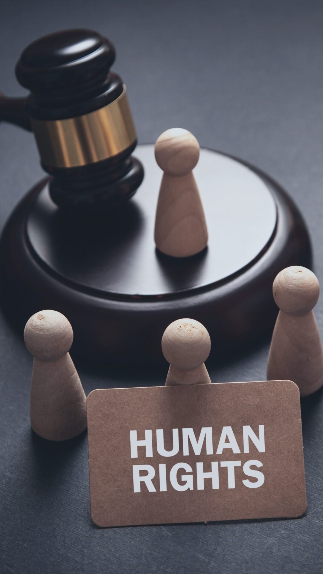 Wooden figures stand next to a judge's gavel on a round mat and hold a sign reading “HUMAN RIGHTS”.