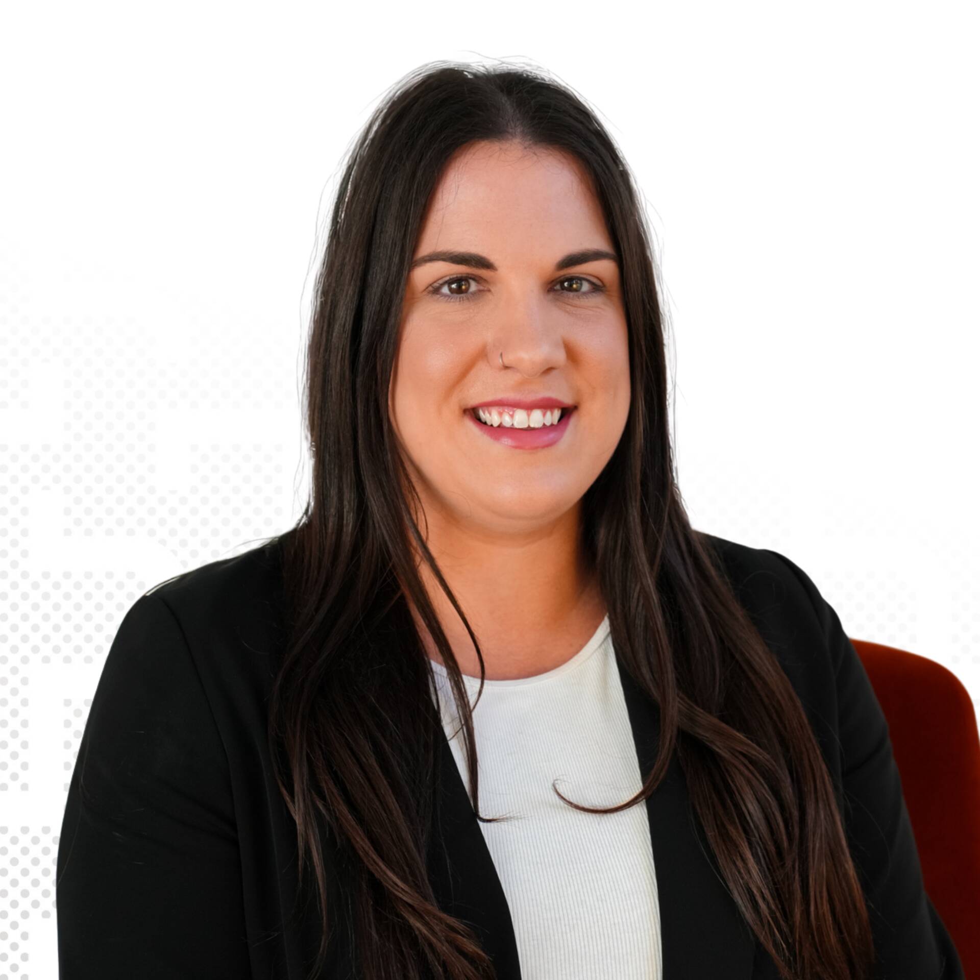 A professional business portrait of Valérie Forget (Head of Sales & Events) with long dark hair in a black blazer against a light-coloured background.